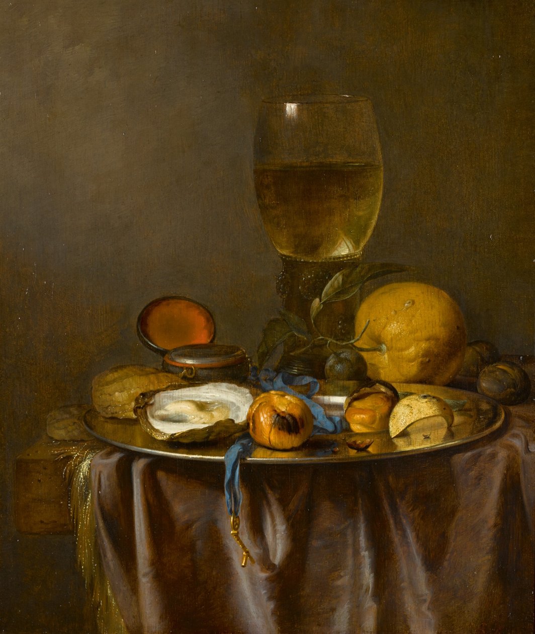 Stillleben mit einem Römer, einer Uhr, einer Auster und Obst von Jacob van Walscapelle