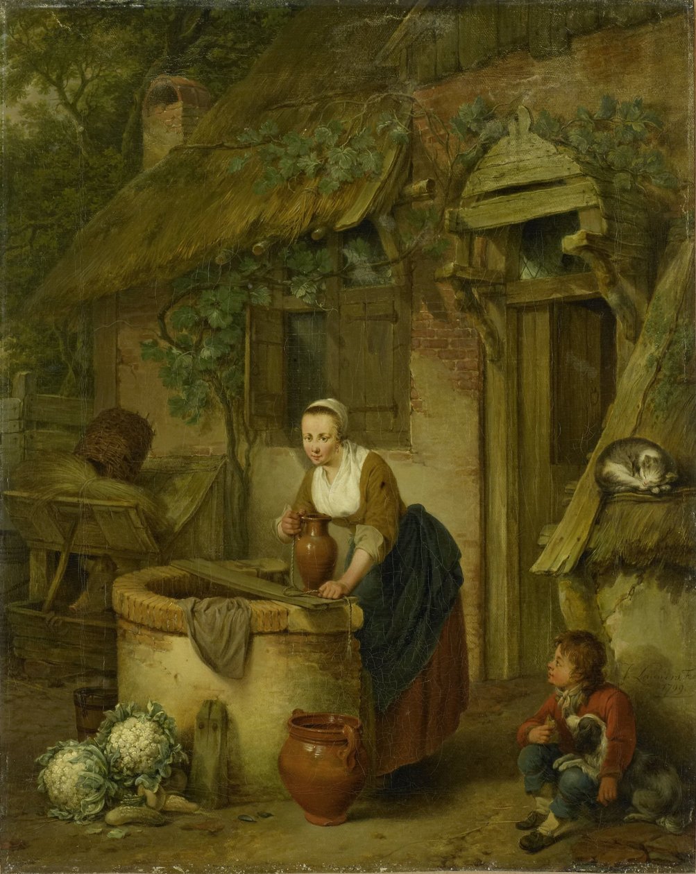 Frau, die Wasser aus einem Brunnen schöpft von Jacobus Johannes Lauwers