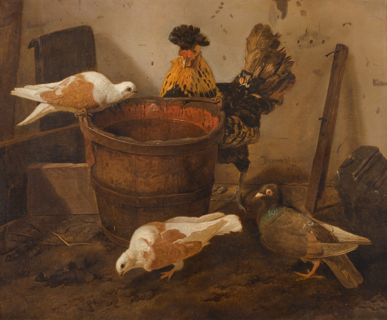 Drei Tauben und ein Hahn bei einem Wassereimer von Jacomo Victors