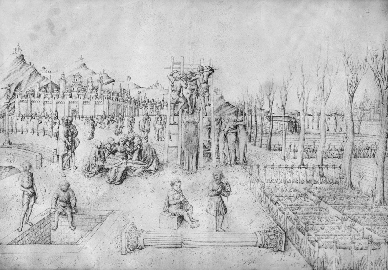 Abnahme vom Kreuz und Beweinung Christi in einer Landschaft von Jacopo Bellini