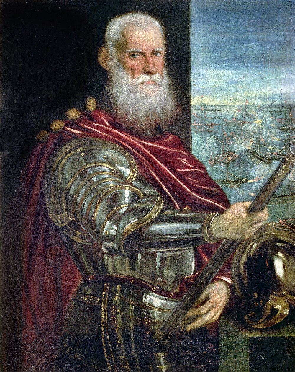 Porträt von Sebastiano Vernier (gest. 1578), Oberbefehlshaber der venezianischen Streitkräfte im Krieg gegen das Osmanische Reich mit der Schlacht von Lepanto im Hintergrund, ca. 1571 von Jacopo Robusti Tintoretto
