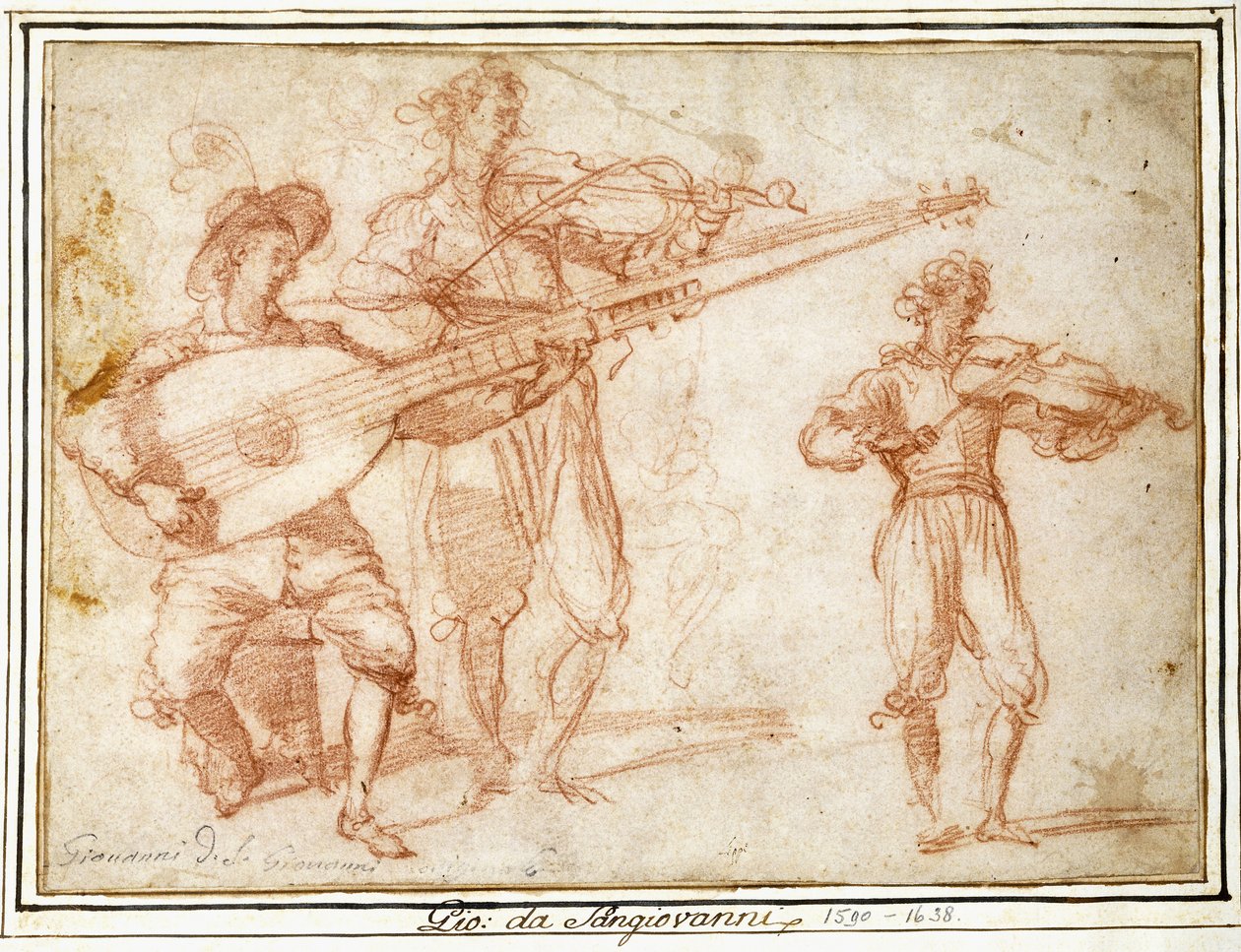 Zwei Musiker spielen Chiatarrone und Violine, mit einer Nebenstudie des zweiten Musikers von Jacopo Confortini