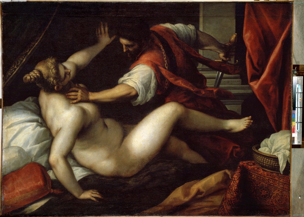 Tarquin und Lucretia. Sextus Tarquinius vergewaltigt Lucretia, ein Ereignis, das den Sturz der Monarchie und den Beginn der Republik im antiken Rom im Jahr 509 v. Chr. zur Folge hatte. Gemälde von Jacopo Palma il Giovane von Jacopo Il Giovane Palma
