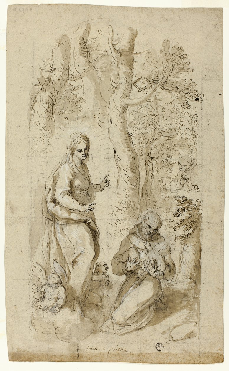 Vision des heiligen Franziskus von Assisi (recto); Heiliger Hieronymus, Vision des heiligen Franziskus und zwei kleine Skizzen von St. Franziskus, der das Christuskind hält (verso) von Jacopo Palma il Giovane