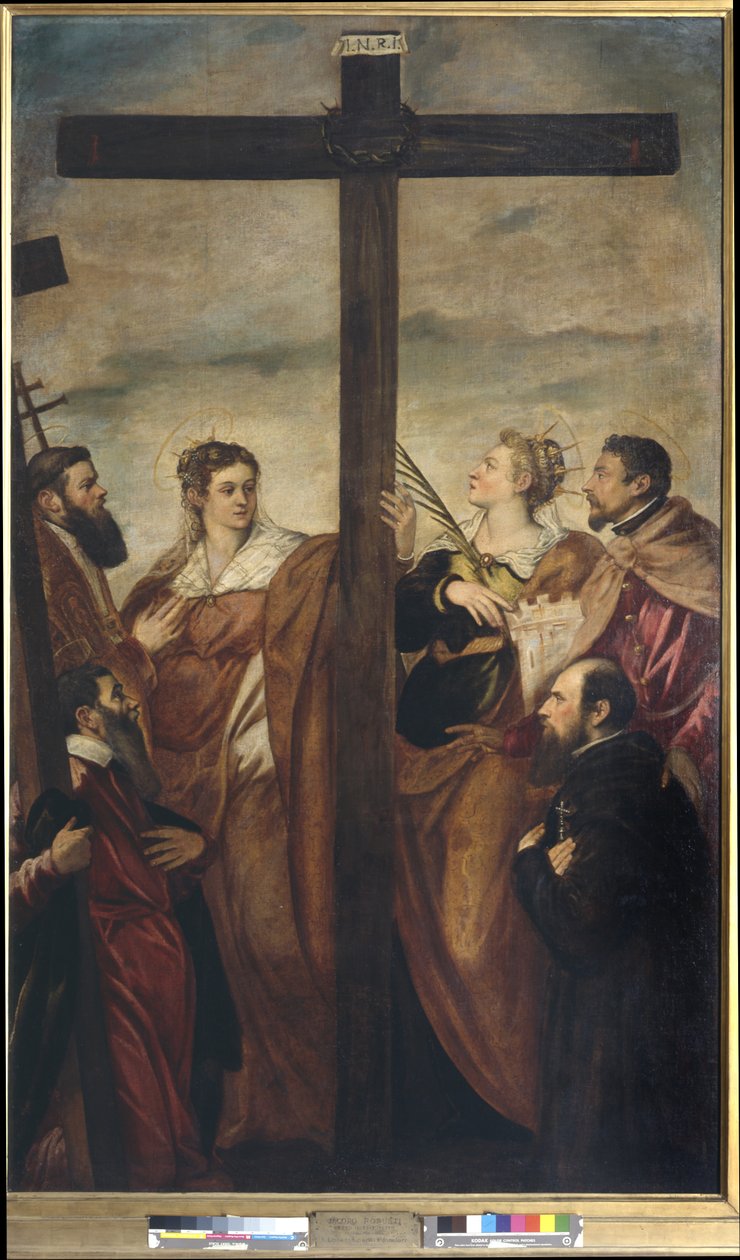 Heilige Helena, Barbara, Andreas, Makarios, ein weiterer Heiliger und ein Gläubiger verehren das Kreuz von Jacopo Robusti Tintoretto