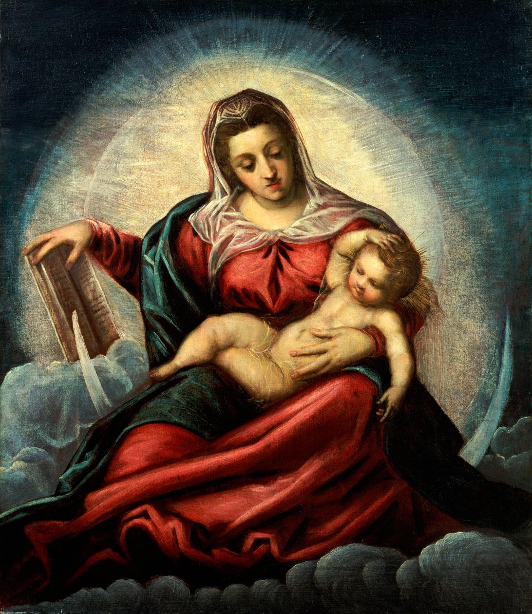 Die Madonna und das Kind in einer Mandorla auf einer Mondsichel und Wolken, mit dem Buch der Weisheit von Jacopo Robusti Tintoretto