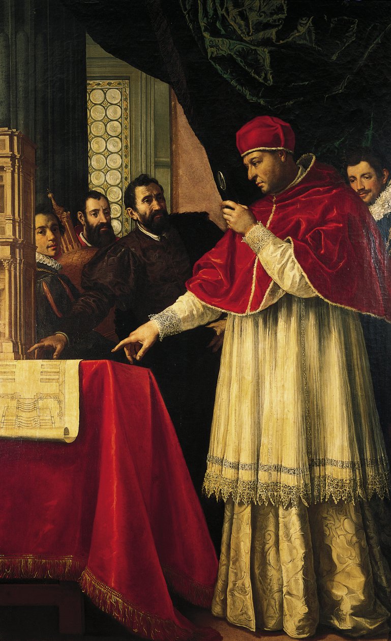 Michelangelo präsentiert Modelle für die Fassade von San Lorenzo, die Laurentianische Bibliothek und die Medici-Gräber Papst Leo X. und Kardinal Giulio de Medici von Jacopo da Empoli (and workshop)