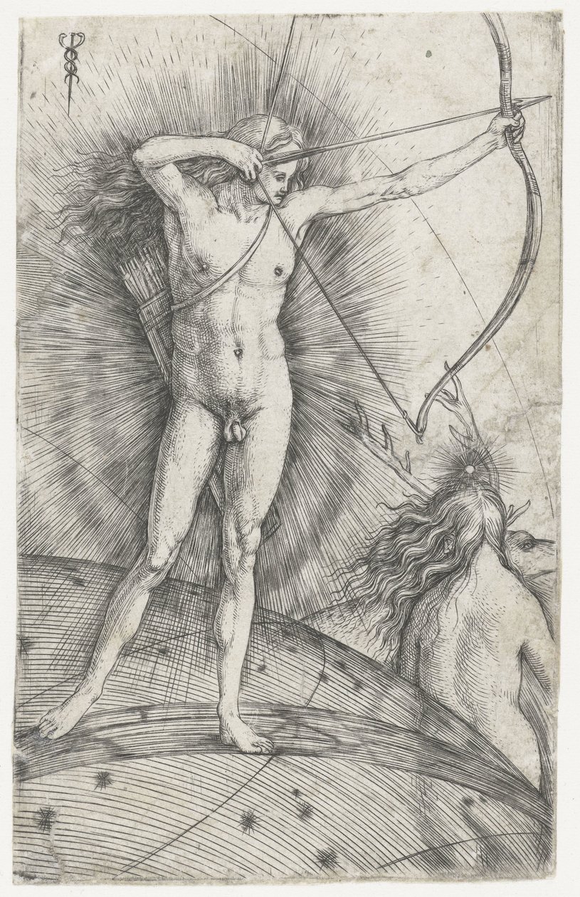 Apollo mit Pfeil und Bogen auf Himmelsglobus und Diana mit Hirsch von Jacopo de