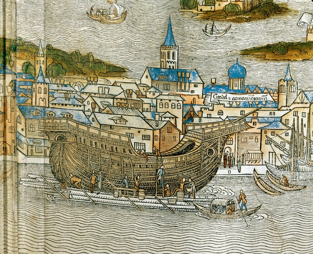 Bau einer Galeere in einer venezianischen Werft, aus Peregrinatio in Terram Sanctam, erstmals 1486 in Latein gedruckt von Jacopo de