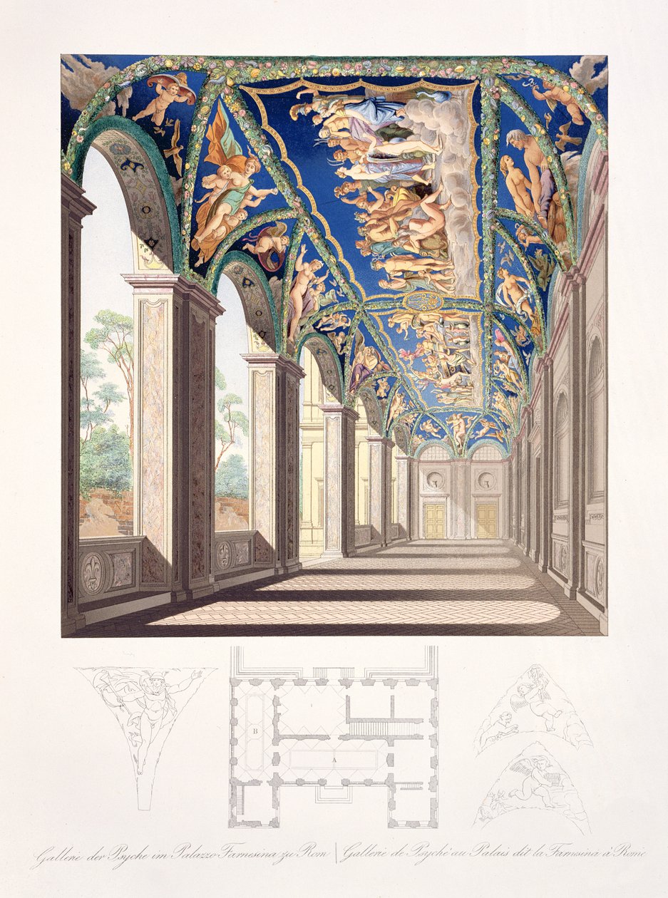 Die Galerie der Psyche in der Villa Farnesina, Rom, aus einem Satz von zwölf Stichen, veröffentlicht 1693 von Jacques Belly