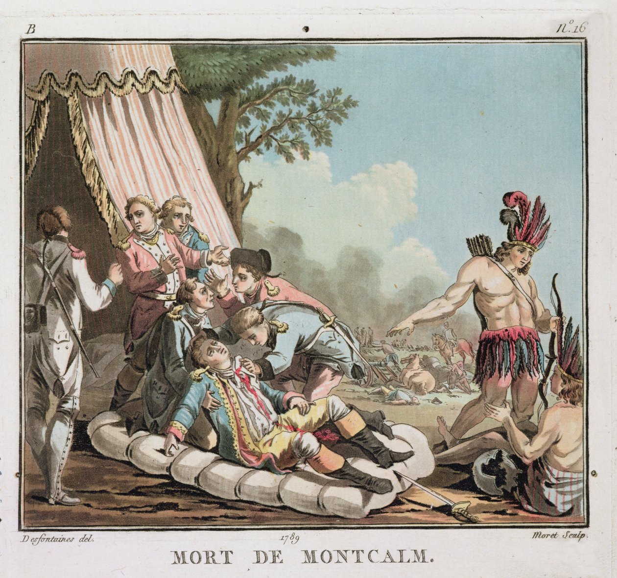 Tod von Louis Joseph de Montcalm bei der Belagerung von Quebec, 1759, graviert von Jean Baptiste Morret, 1789 von Jacques Francois Joseph Swebach