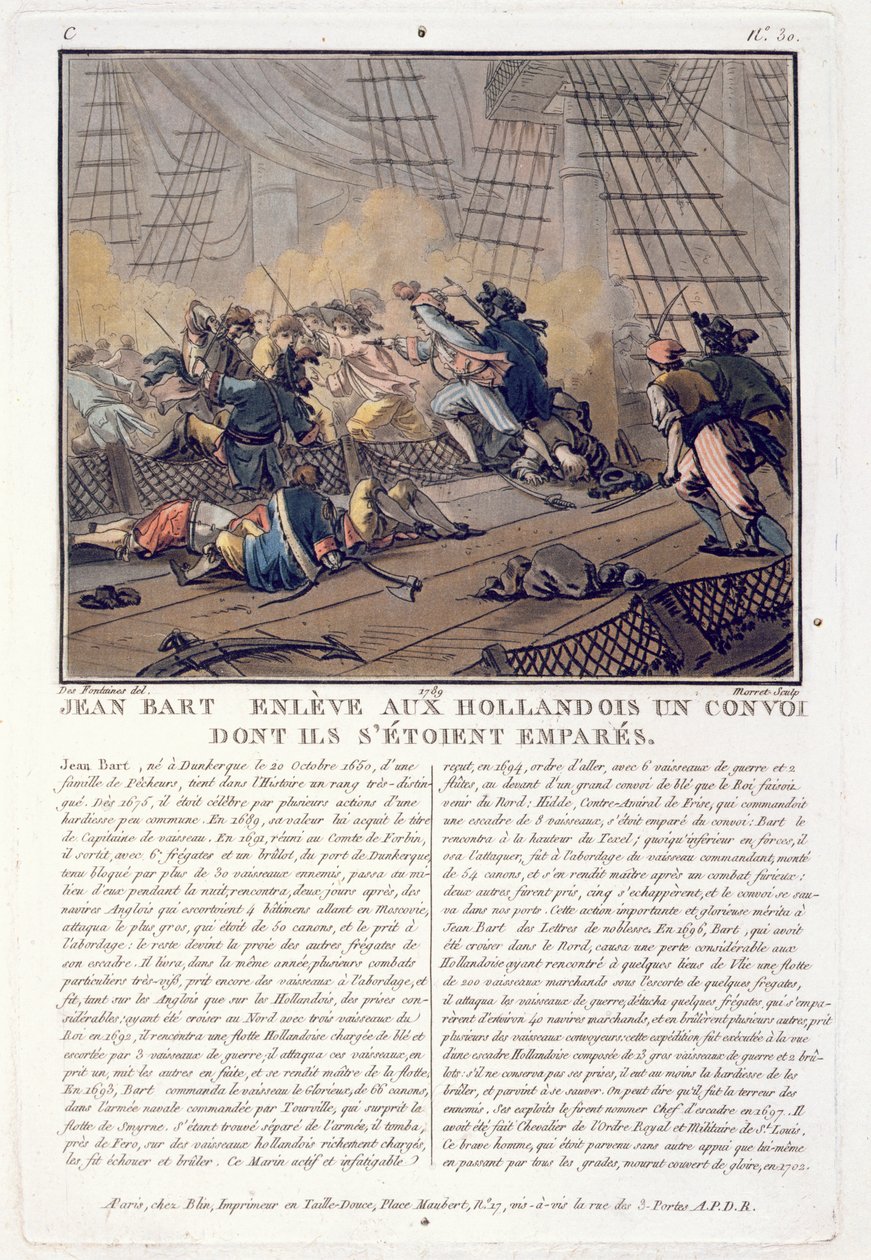 Jean Bart (1651-1702), französischer Marinekommandant, der den niederländischen Konvoi erobert, 1696, graviert von Jean Baptiste Morret (fl.1790-1820), 1789 von Jacques Francois Joseph Swebach