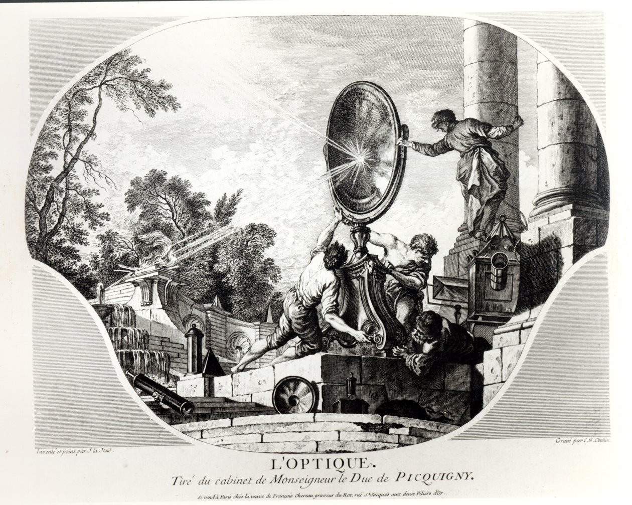 Brennender Spiegel, Allegorie der Optik, graviert von Charles Nicolas Cochin von Jacques de Lajoüe