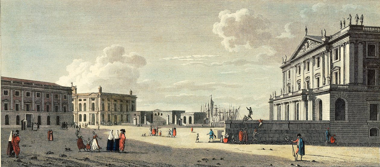Die Llotja (ehemalige Börse), der Palast des Generalkapitäns der Zollbehörde und das Seetor von Barcelona (Gravur) von Jacques (after) Moulinier