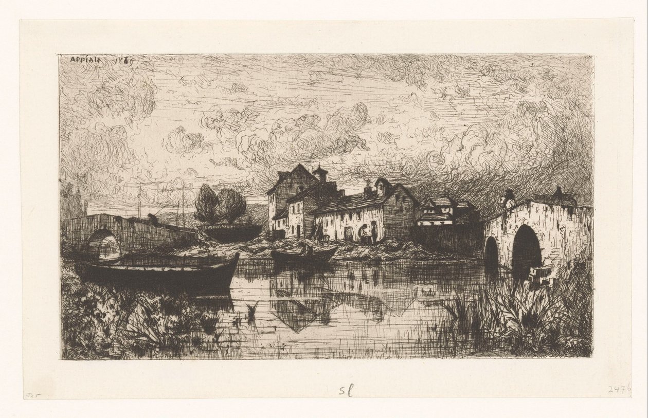 Ansicht eines Dorfes am Wasser mit Brücken rechts und links von Jacques Barthélemy Appian (Adolphe)
