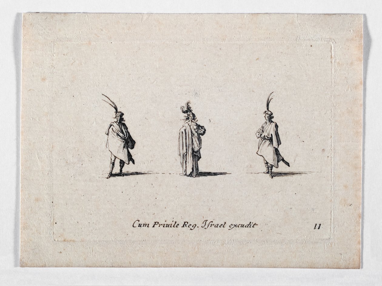 Eine Dame mit langem Mantel und zwei Kavaliere, aus von Jacques Callot