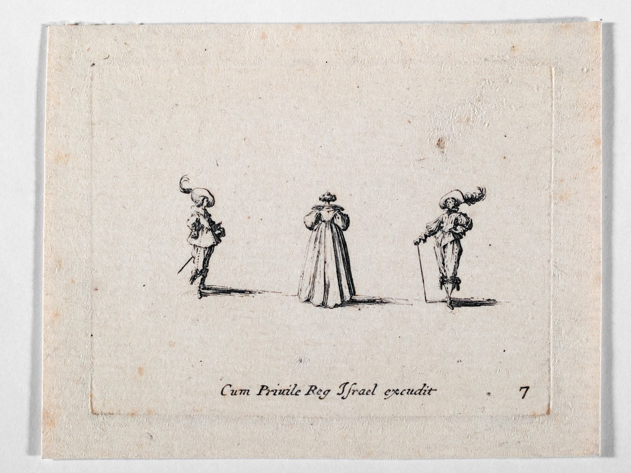 Eine Dame mit reich gefaltetem Kleid, von hinten gesehen, und zwei Kavaliere, aus Les Fantaisies de Noble J. Callot (Gravur) von Jacques Callot