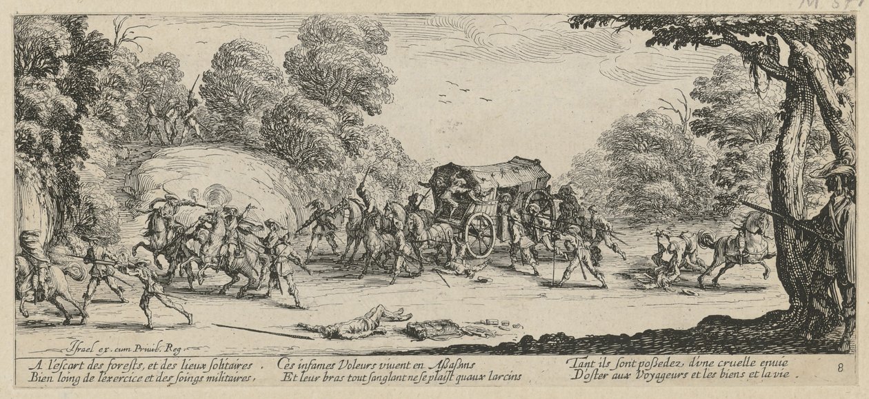 Angriff auf eine Postkutsche, Blatt 8 der Folge "Grauen des Krieges" von Jacques Callot