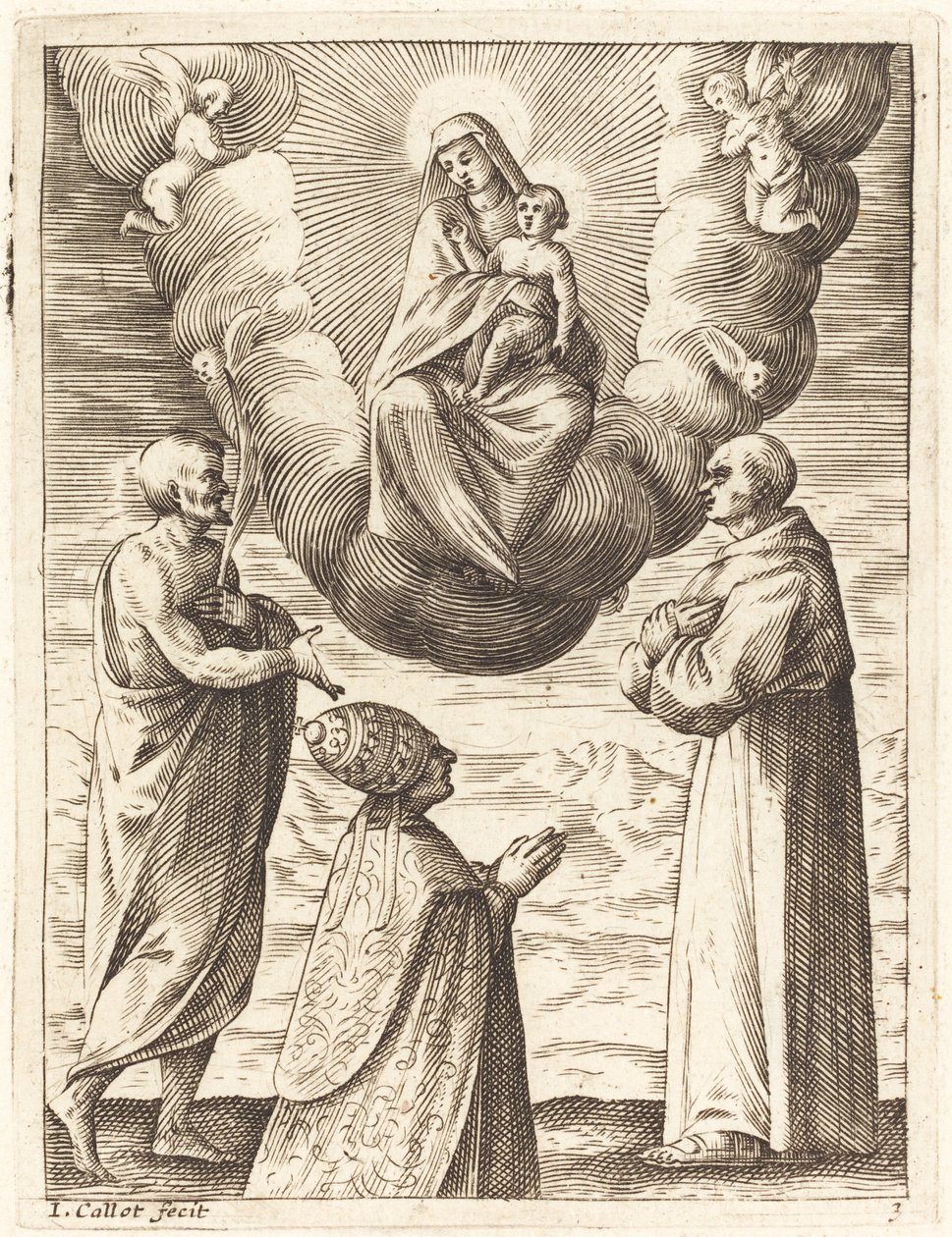 Bonifatius VIII. mit den Heiligen Franziskus und Crispin, die die Jungfrau und das Kind anbeten von Jacques Callot