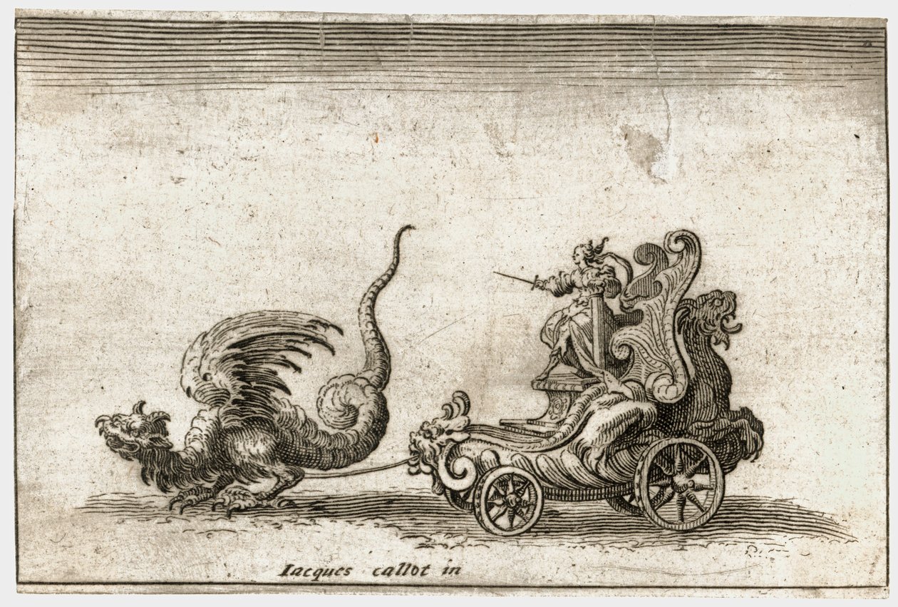 Kampf an der Barriere: Ein von einem Drachen gezogener Streitwagen von Jacques Callot