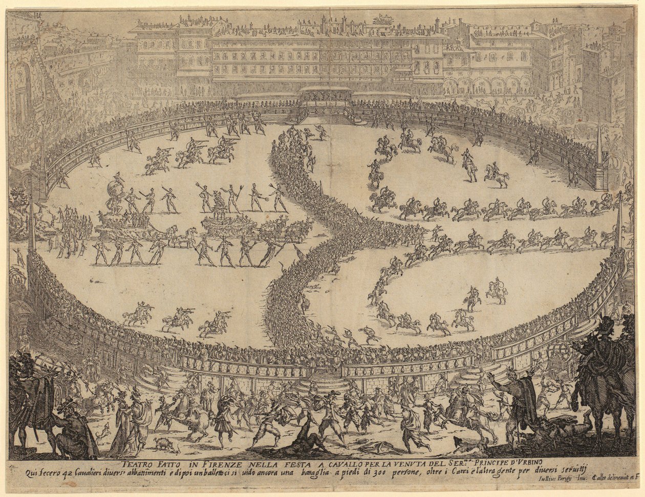 Einzug der Wagen und Parade der Infanterie und Kavallerie auf der Piazza Santa Croce in Florenz zu Ehren des Prinzen von Urbino, Blatt 6 der Folge "Krieg der Schönheit" von Jacques Callot