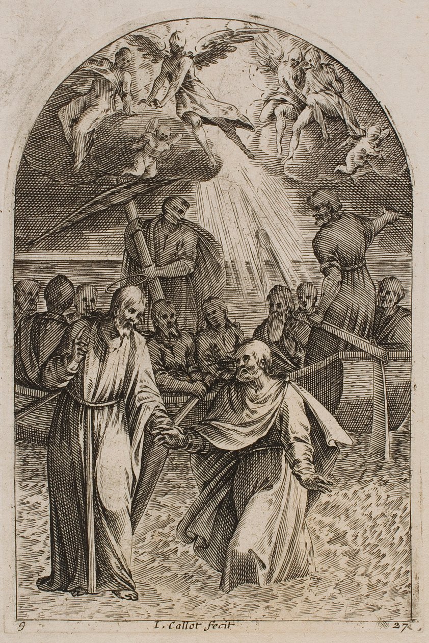 Jesus und der heilige Petrus gehen auf dem Wasser, aus der Serie „Bilder aus Rom“ von Jacques Callot