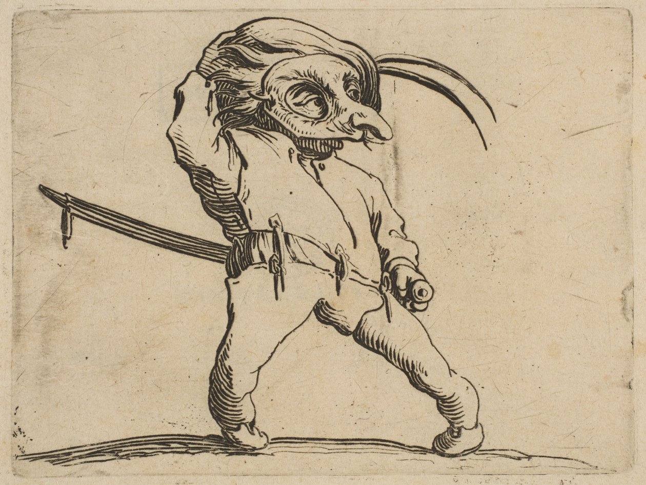 Der maskierte Mann mit krummen Beinen, aus Varie Figure von Jacques Callot
