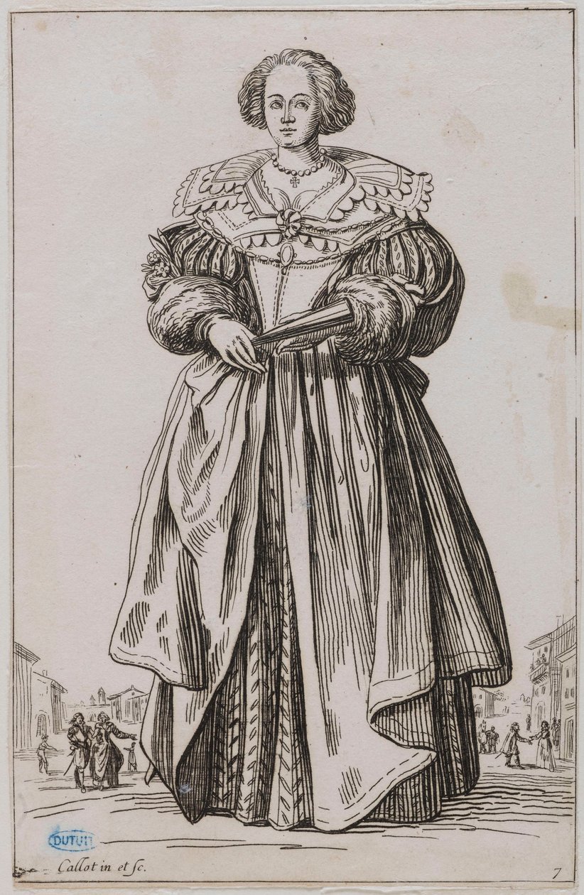 Der Adel, Die Dame mit dem Fächer. Neunte Nummer einer Suite von 12 Stücken (Lieure 557, Meaune 683) von Jacques Callot