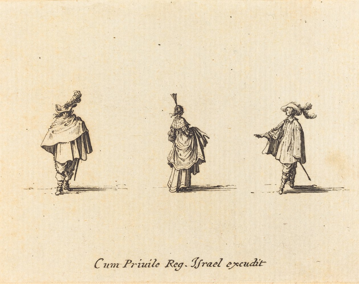 Dame mit hochgezogenem Kleid und zwei Herren von Jacques Callot
