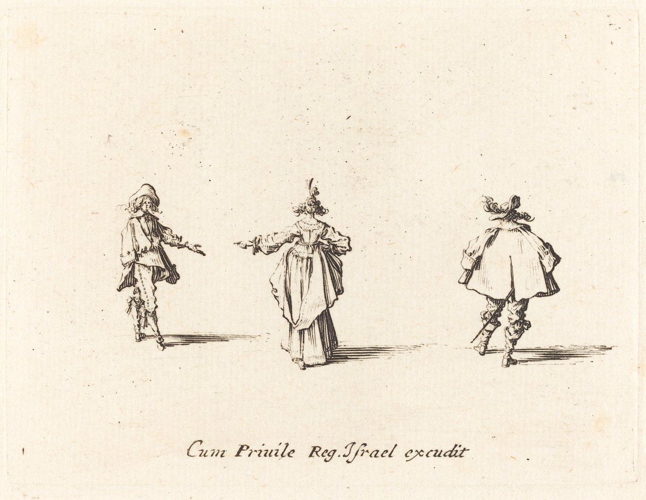 Dame mit ausgestrecktem Arm, von hinten gesehen, und zwei Herren von Jacques Callot