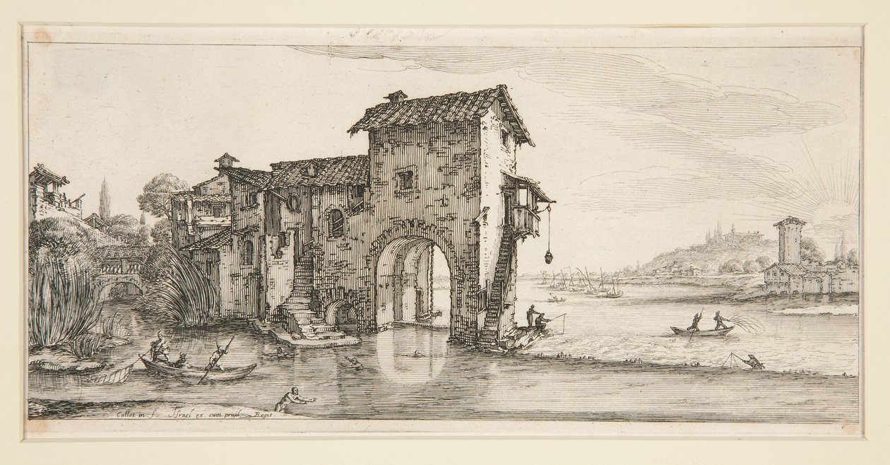 Die Wassermühle, aus Landschaften für Giovanni de Medici von Jacques Callot
