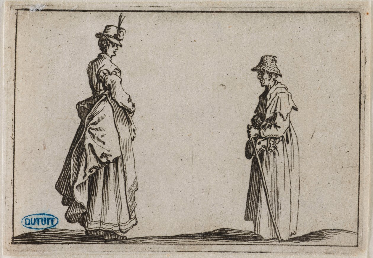 Die Launen, Zwei Frauen im Profil. Neunzehnte Nummer der Suite von 50 Stücken, in Florenz graviert von Jacques Callot