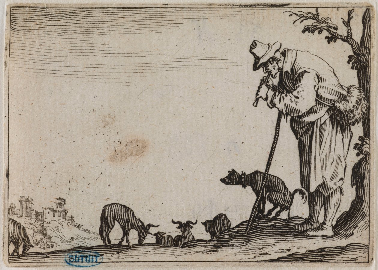 Les Caprices, Der Hirte spielt die Flöte. Siebenunddreißigstes Stück der Suite von 50 gravierten Stücken in Nancy (Lieure 464, Meaume 833) von Jacques Callot