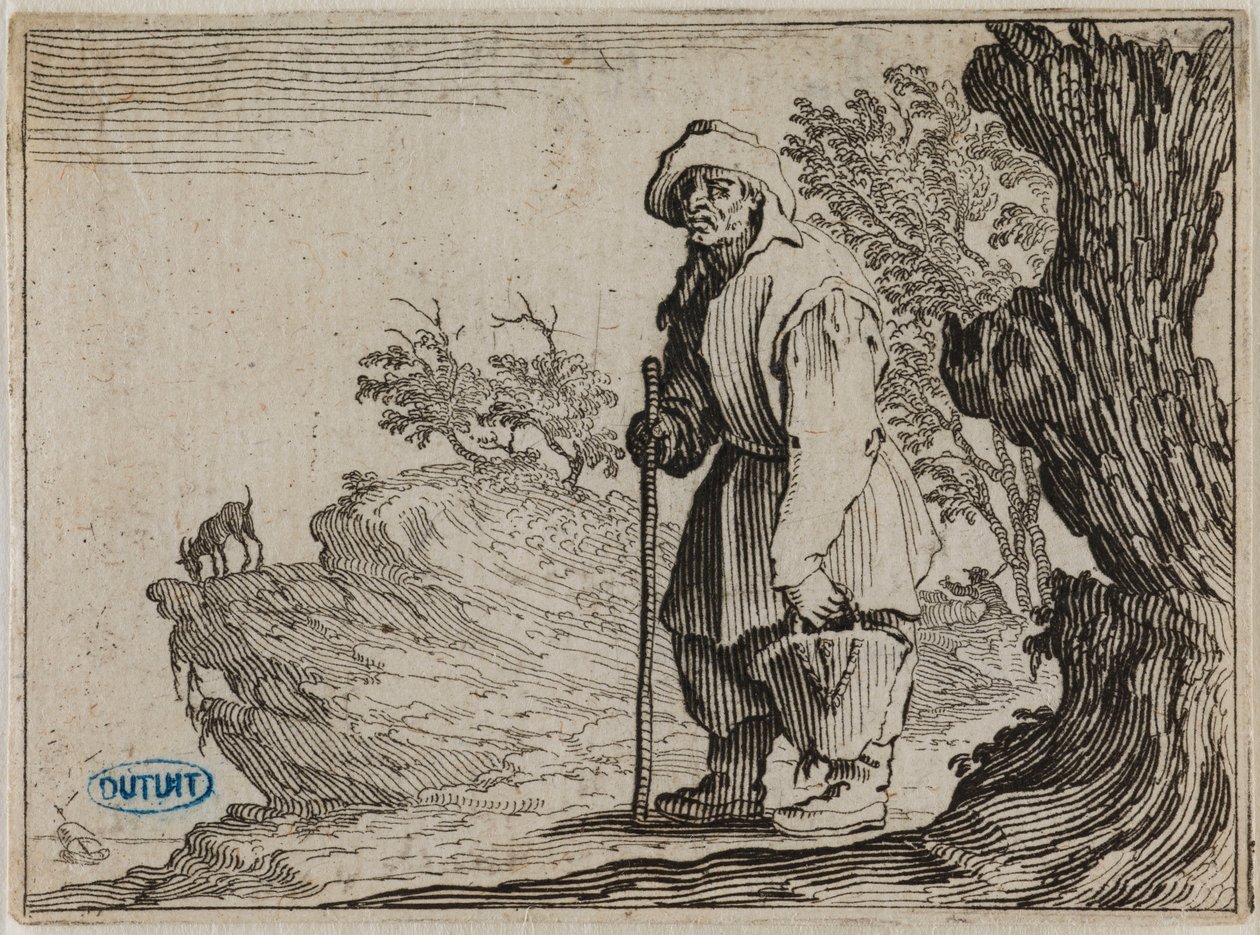Les Caprices, Der Bauer mit seinem Sack. Einunddreißigstes Stück der Serie von 50 Stichen in Nancy (Lieure 458, Meaume 827) von Jacques Callot