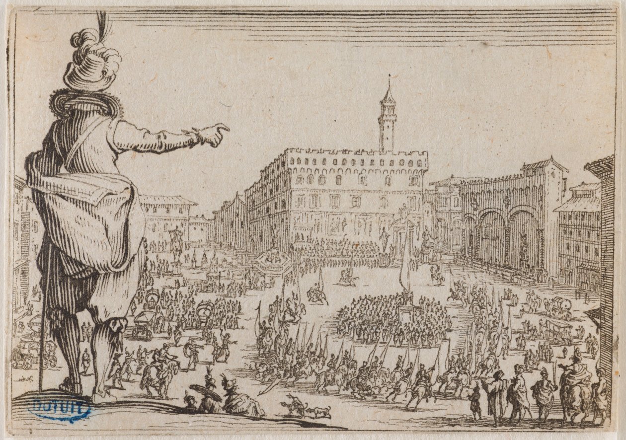 Les Caprices, Ein Fest auf der Piazza della Signoria in Florenz. Sechsundvierzigste Nummer der Suite von 50 Stücken, graviert in Nancy (Lieure 473, Meaume 859) von Jacques Callot