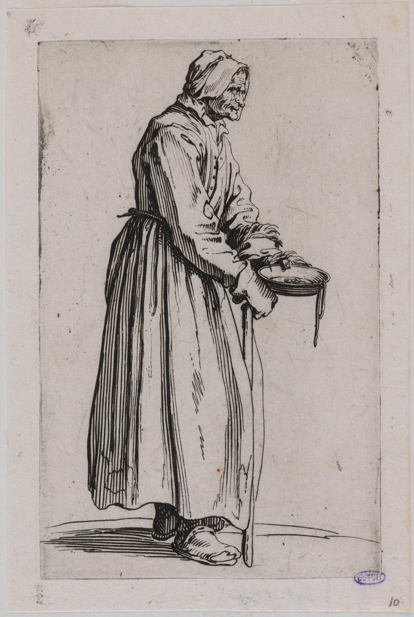 Die Bettler, Die Bettlerin mit der Schale. Zwanzigstes Stück einer Serie von 25 (Lieure 498, Meaume 704) von Jacques Callot