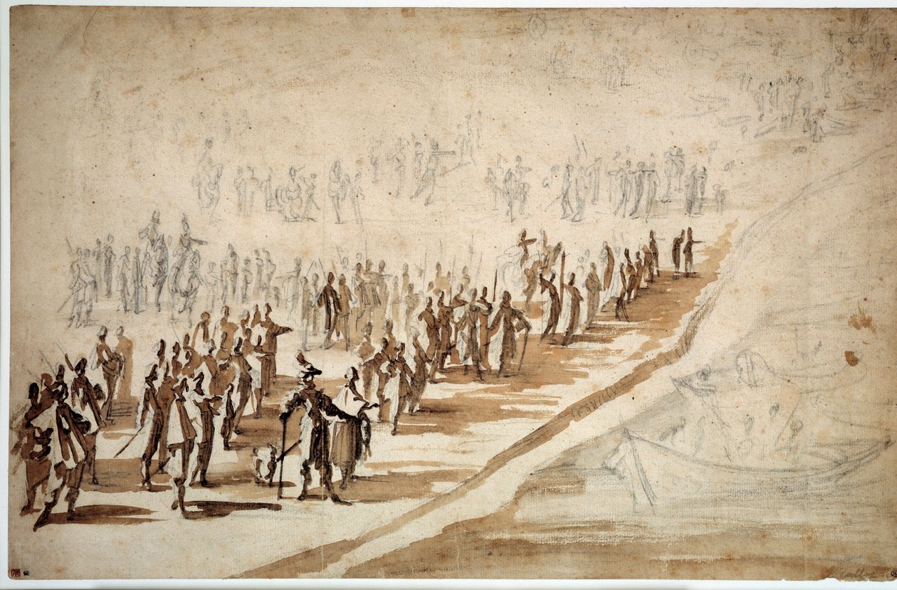 Ludwig XIII. und Richelieu beobachten die Abreise der Truppen zur Insel Ré von Jacques Callot