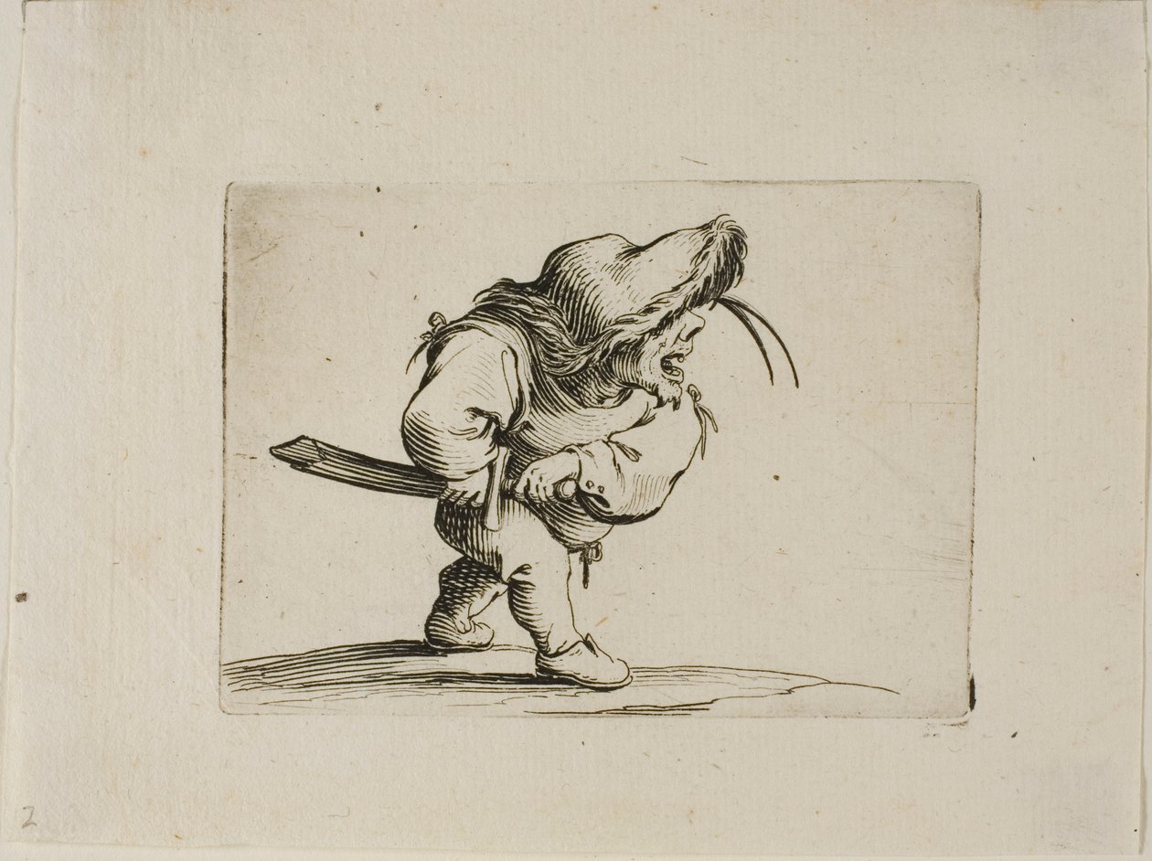 Mann, der sich darauf vorbereitet, sein Schwert zu ziehen, aus Varie Figure Gobbi von Jacques Callot