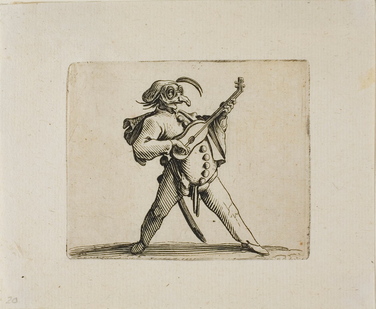 Maskierter Komiker spielt Gitarre, aus Varie Figure Gobbi von Jacques Callot