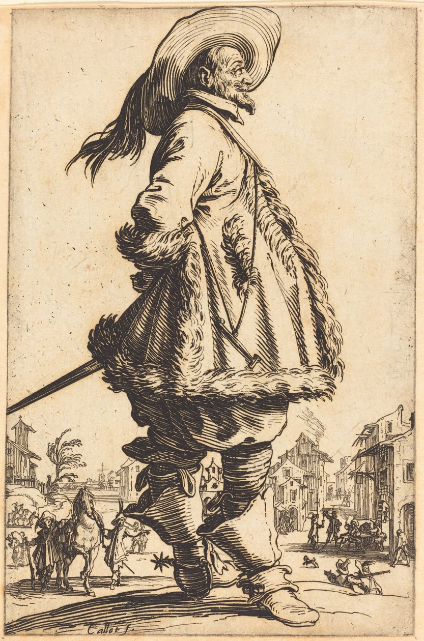 Edelmann mit pelzbesetztem Mantel, die Hände hinter dem Rücken haltend von Jacques Callot