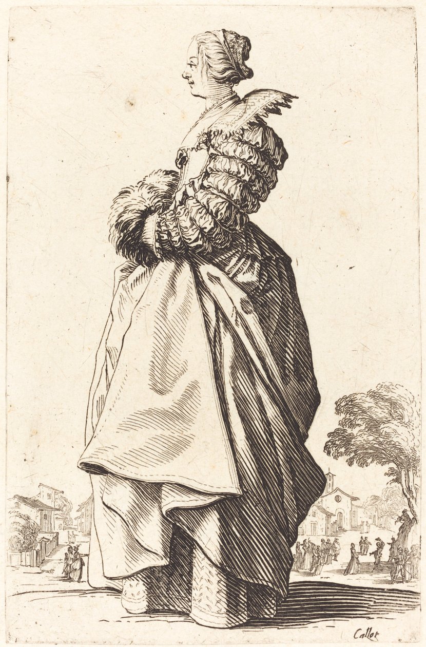Vornehme Frau im Profil mit Händen in einem Muff von Jacques Callot
