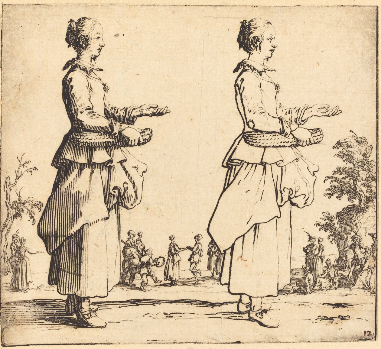 Bäuerin mit Korb im Profil, nach rechts blickend, 1617 und 1621 von Jacques Callot