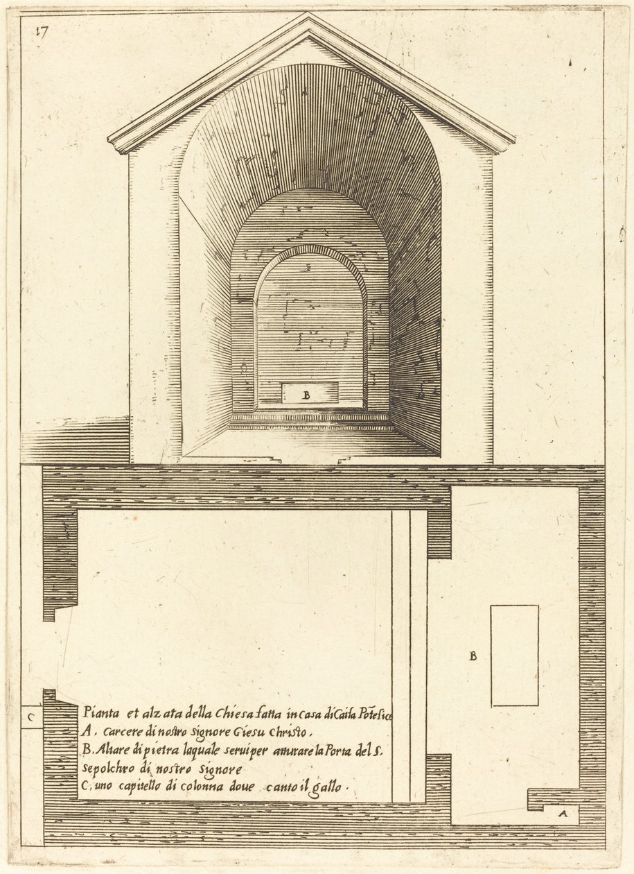 Plan und Aufriss der Kirche in der Nähe des Hauses von Kaiphas von Jacques Callot