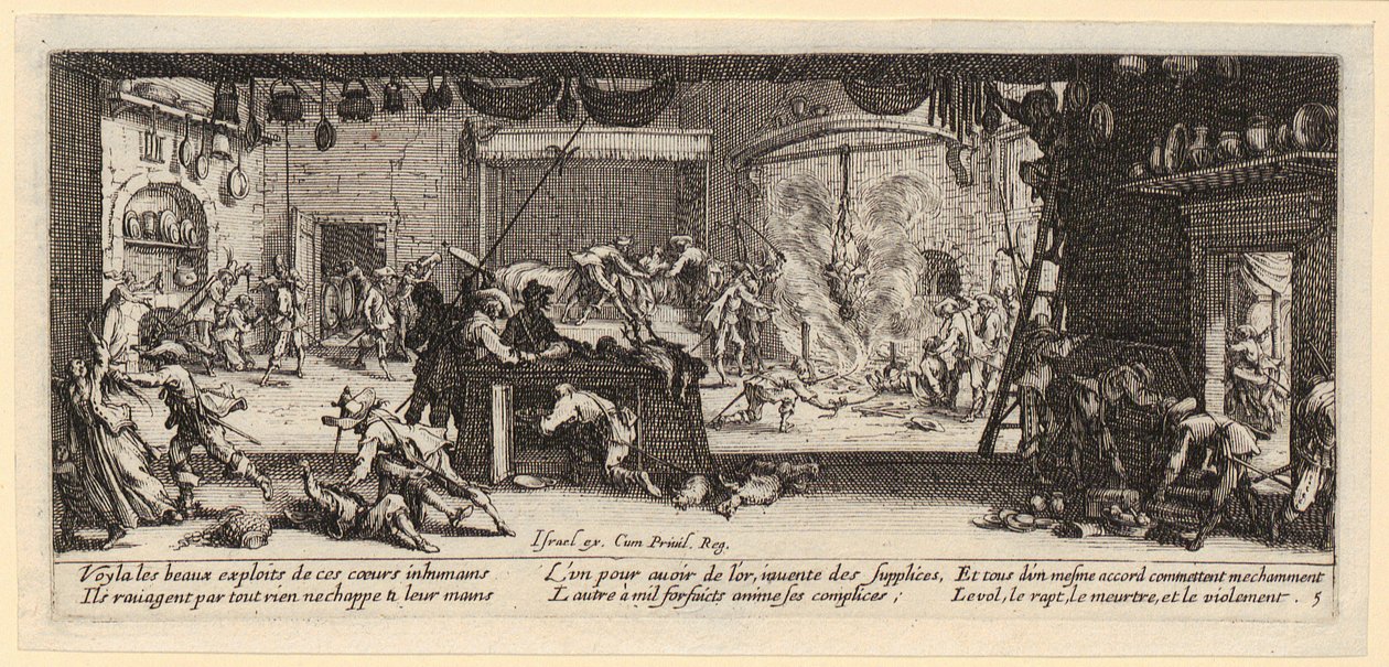 Plünderung eines Bauernhofes, Blatt 5 der Folge "Die Schrecken des Krieges" von Jacques Callot
