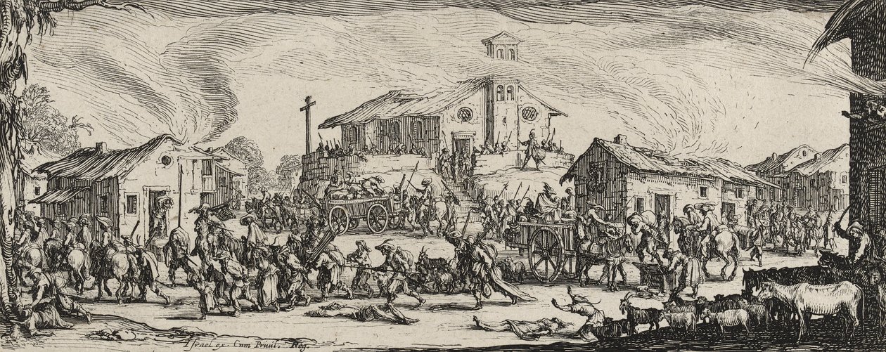 Plünderung und Verbrennung eines Dorfes, 1633 von Jacques Callot