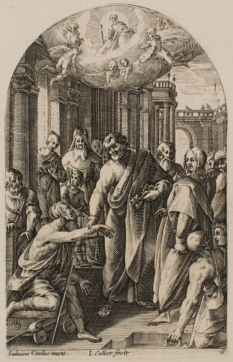 St. Peter und St. Johannes heilen den Lahmen an der Tempeltür, aus der Serie "Bilder von Rom" von Jacques Callot