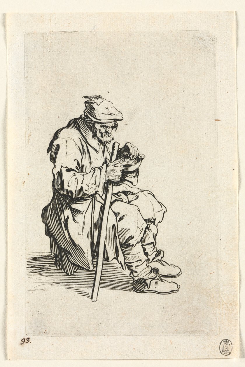 Die Bettler: Bettler sitzt und isst, ca. 1623 von Jacques Callot