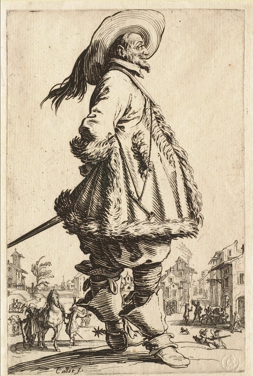 Der Herr im pelzbesetzten Mantel, der die Hände hinter dem Rücken hält von Jacques Callot