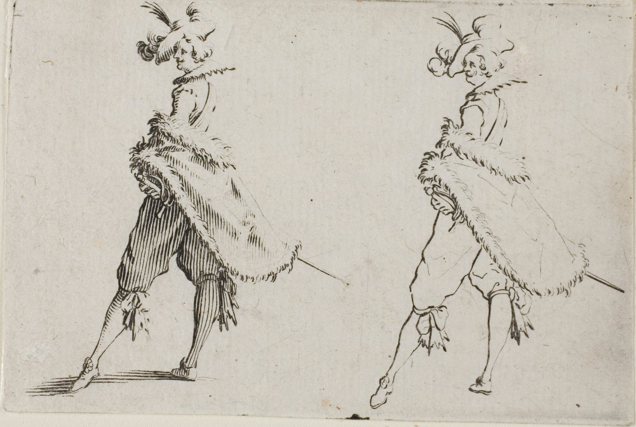 Der Herr mit einem Mantel, posierend mit Händen in den Hüften, aus Die Caprices von Jacques Callot