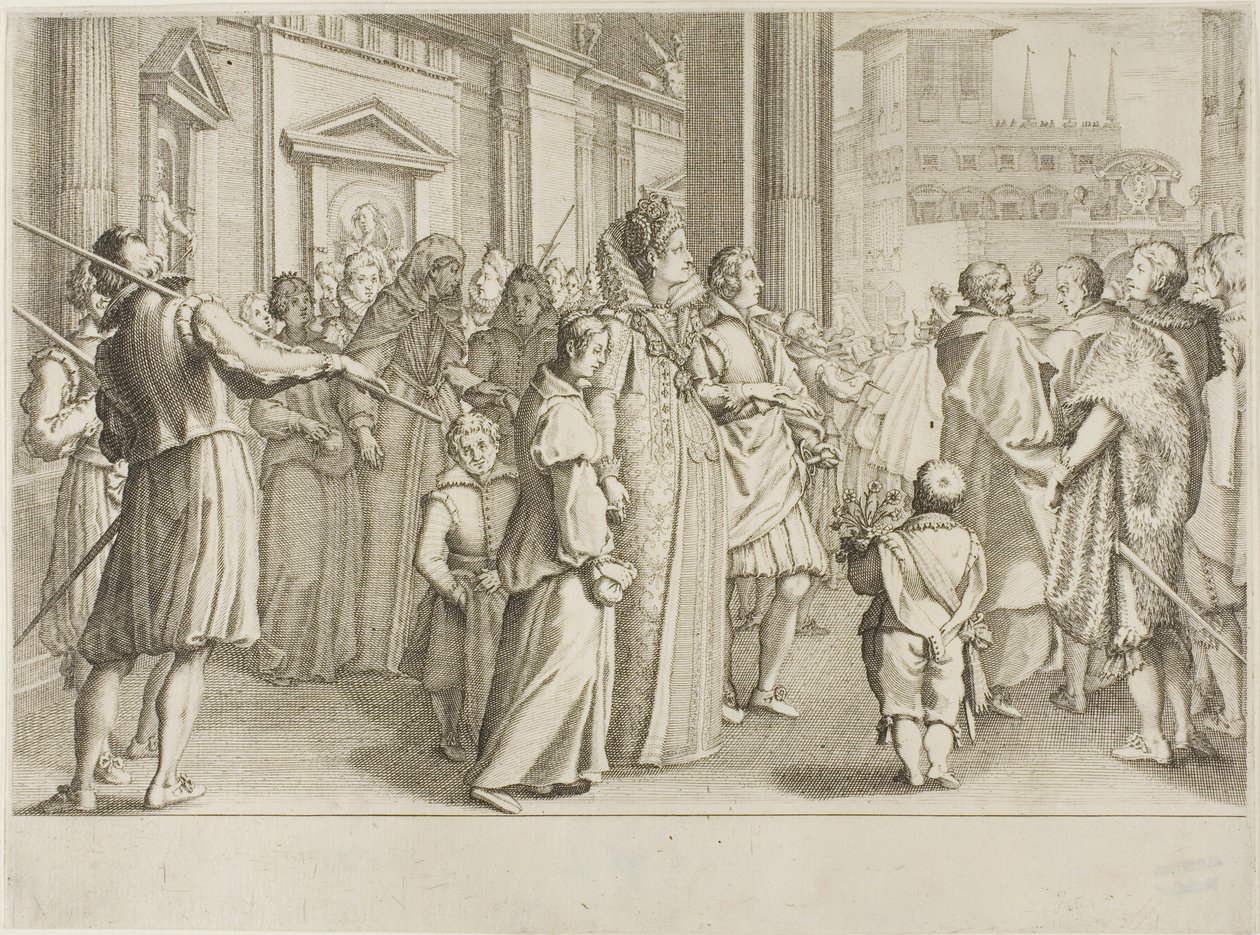 Die Großherzogin Christine von Lothringen begleitet Jugendliche zur Kirche, die sie unter ihren Schutz nimmt von Jacques Callot